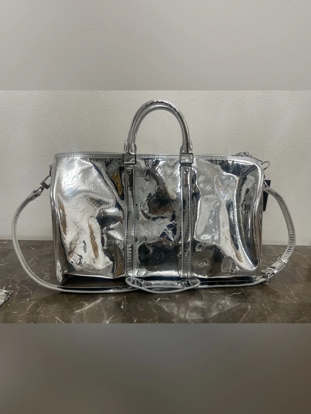 Silver Duffle Handbag Zip Closure Silver Hardware Inner Pocket